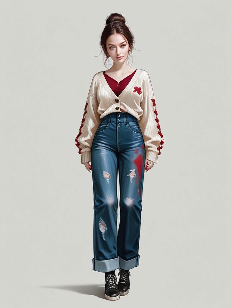 Realistic Full Body Portrait of Woman in Casual Chic Outfit with Distressed Jeans