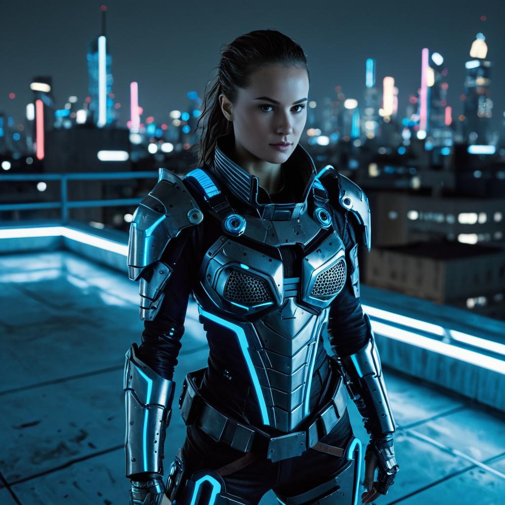 Futuristic Woman in Cyberpunk Armor on Neon-Lit Rooftop