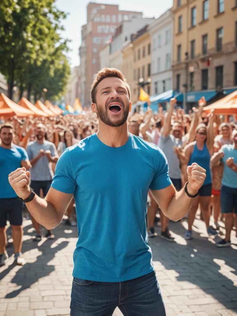 Man Celebrating in Crowd with Fists Raised