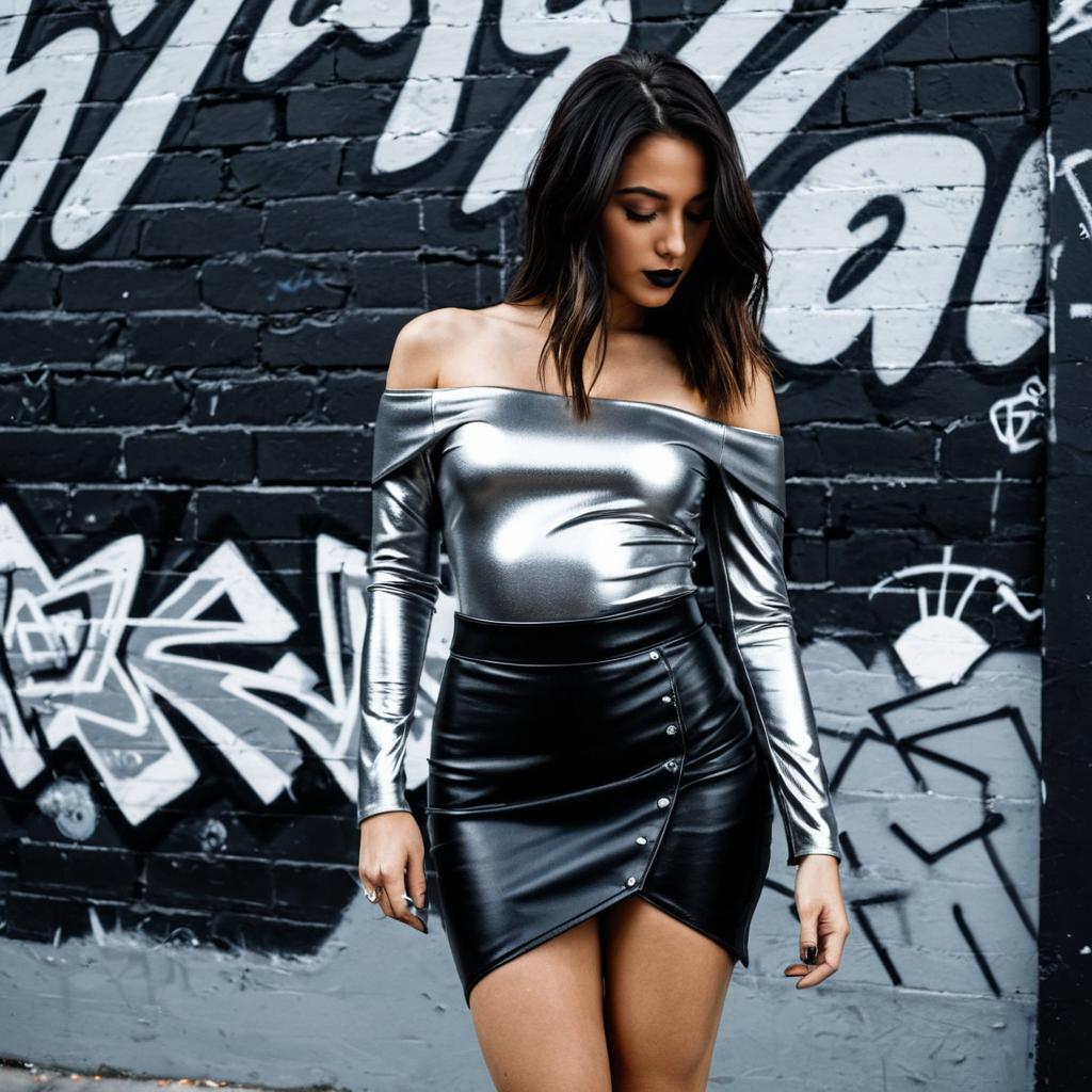 Urban Fashion Woman in Metallic Silver Top and Black Leather Skirt