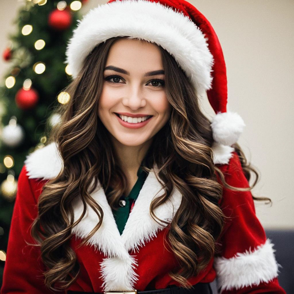 Cheerful woman in Santa outfit by Christmas tree Cheerful woman in Santa outfit by Christmas tree