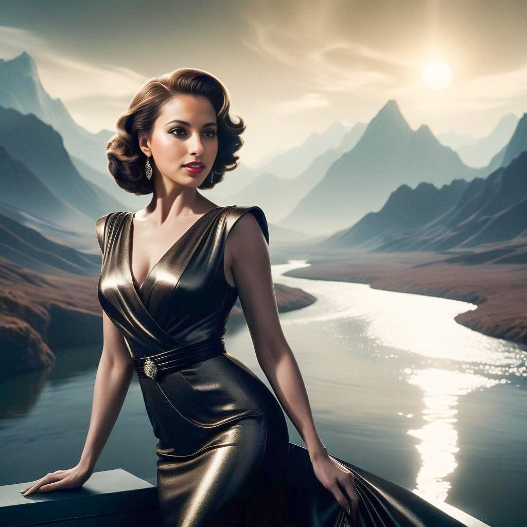 Elegant Woman in Glamorous Dress Against Mountain Landscape Elegant Woman in Glamorous Dress Against Mountain Landscape