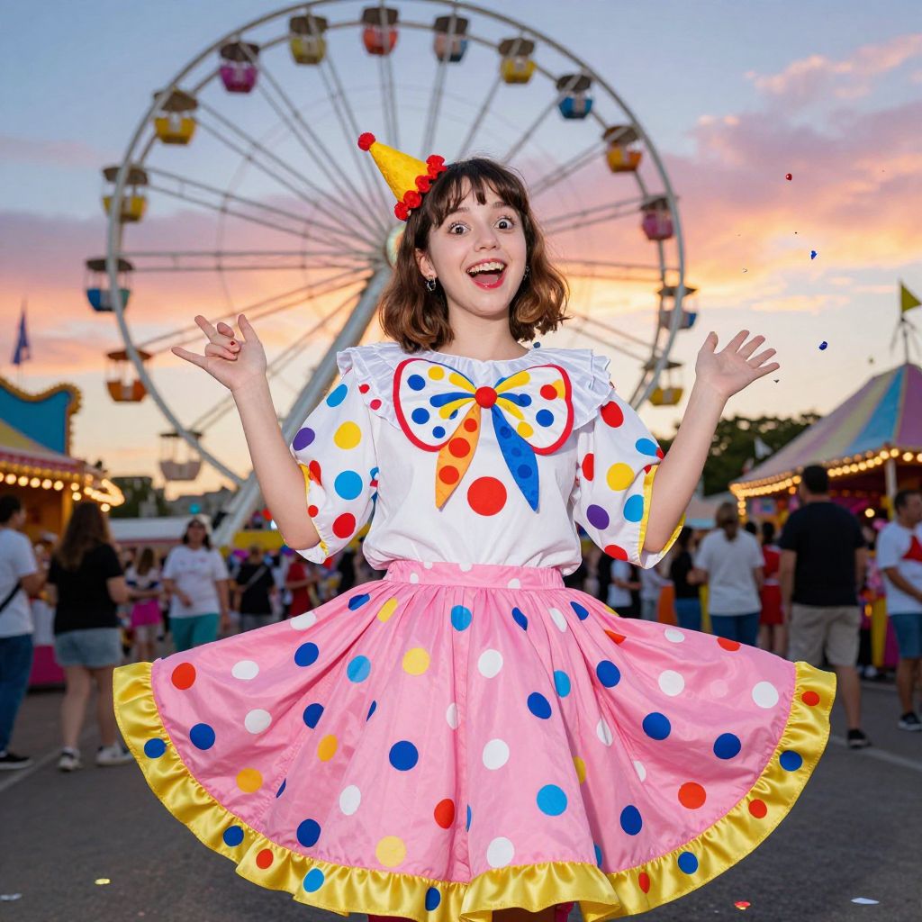 Happy Young Woman in Colorful Clown Costume at Amusement Park with Ferris Wheel