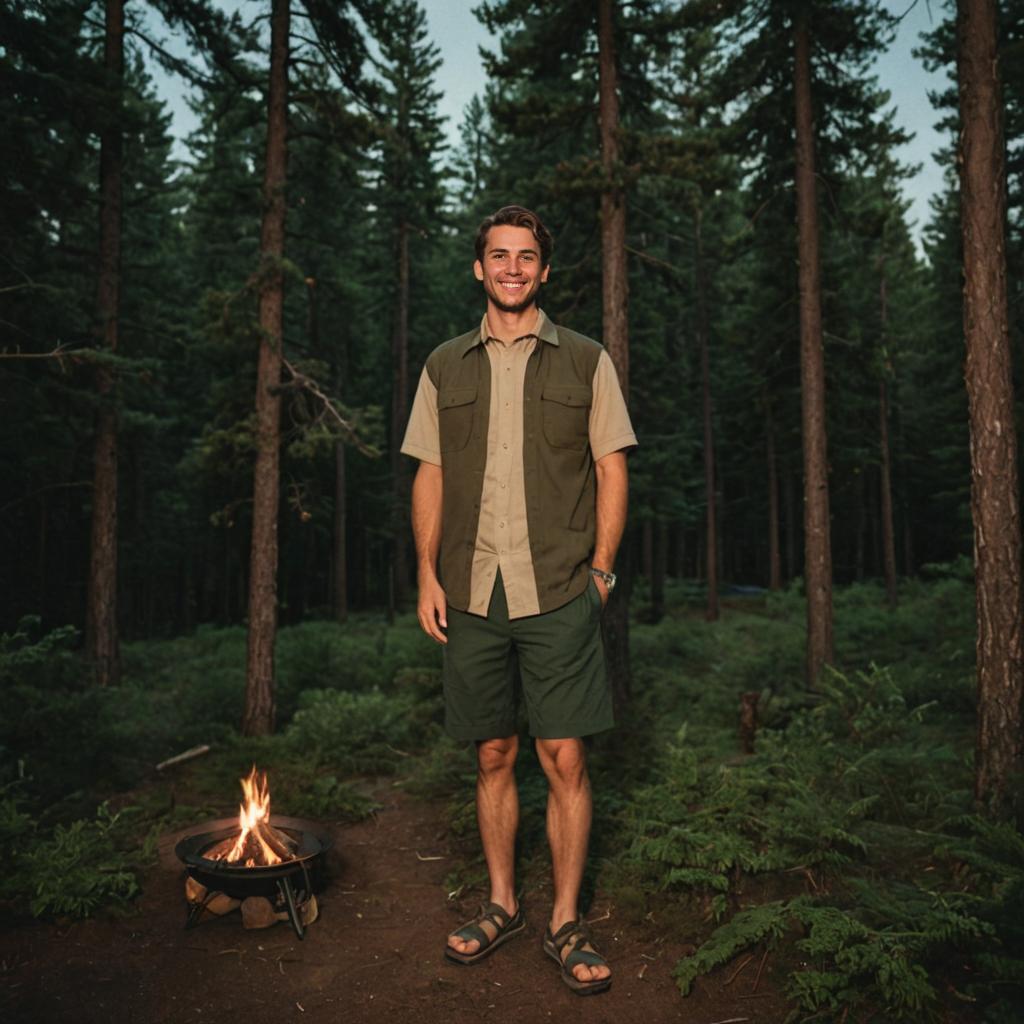 Confident Man in Serene Forest with Campfire