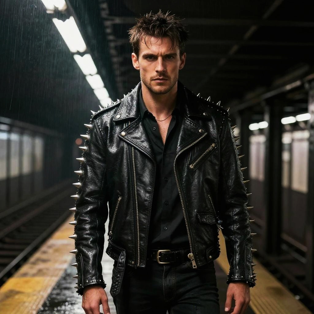 Man Wearing Spiked Black Leather Jacket in Rainy Subway Station