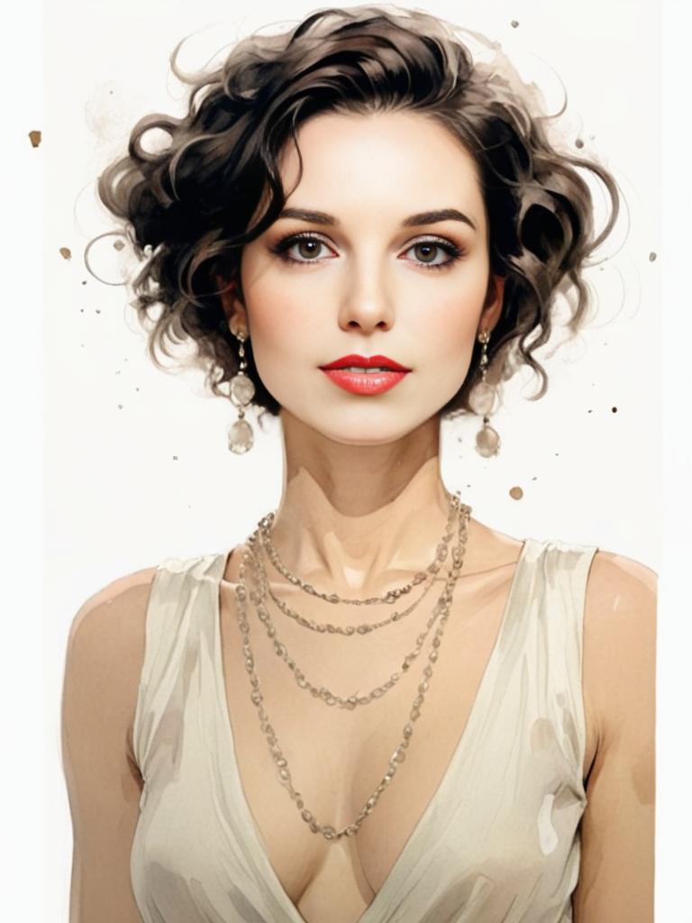 Elegant Woman in Beige Dress with Curly Hair and Red Lipstick