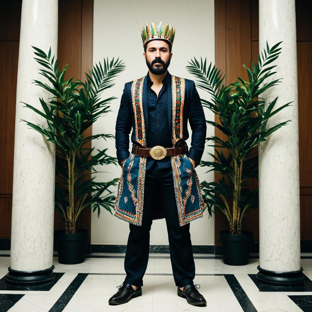 Stylish Man Wearing Ankara Patterned Suit and Crown in Elegant Interior Stylish Man Wearing Ankara Patterned Suit and Crown in Elegant Interior