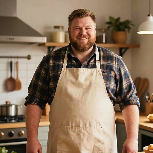 Smiling Man in Apron Cooking in Cozy Modern Kitchen