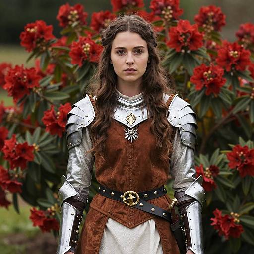 Medieval Woman in Armor with Red Floral Background