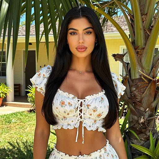 Young Woman in White Floral Crop Top Outdoors by Palm Tree