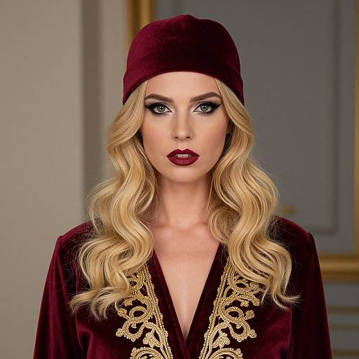 Glamorous Woman in Burgundy Velvet Robe with Gold Embroidery