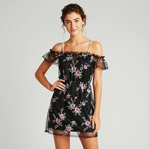 Young Woman Wearing Black Floral Embroidered Off-Shoulder Mini Dress