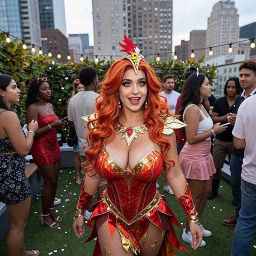 Woman in Fiery Red and Gold Fantasy Cosplay at Rooftop Party