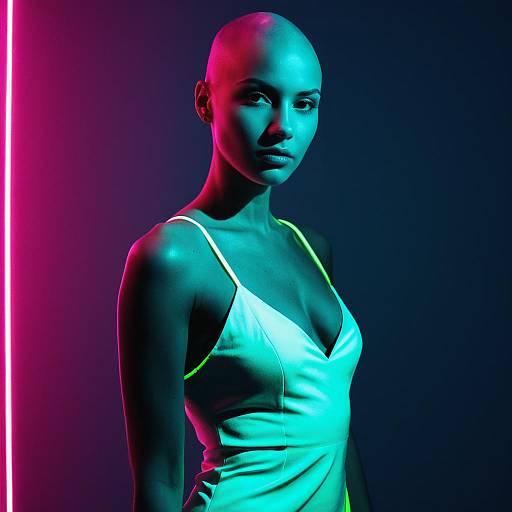 Bald Woman in Neon Lighting Wearing White Dress Portrait