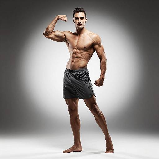 Muscular Young Man Flexing Bicep in Athletic Shorts