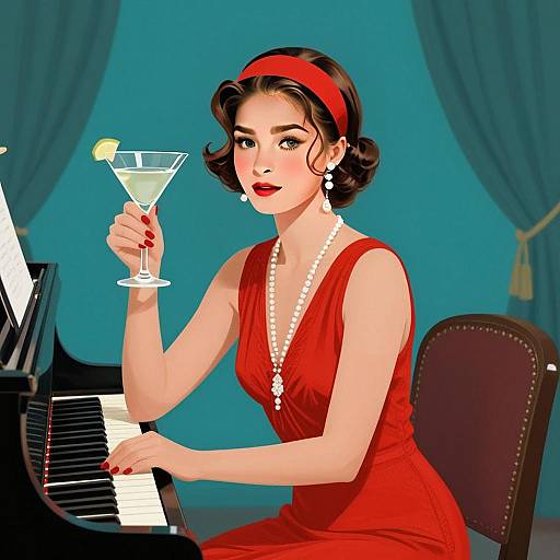 Elegant Woman in Red Dress at Piano with Martini Glass