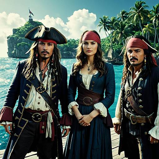 Realistic Pirate Trio in Vintage Costume by Tropical Island Dock