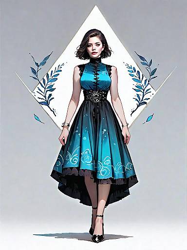 Realistic Digital Art of Chic Woman in Teal High-Low Dress with Floral Design