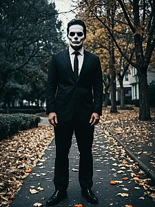 Man in Suit with Skull Face Paint in Autumn