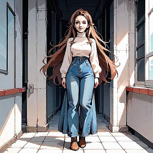 Stylish Woman in Long Jeans Walking in Sunlit Corridor Anime Art