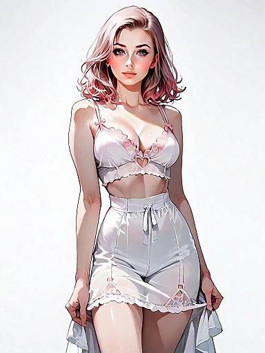 Realistic Anime Style Woman in White Lingerie Full Body Illustration