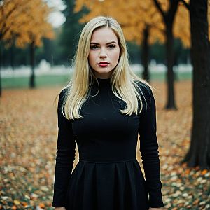 Blonde Woman in Black Dress in Autumn Park