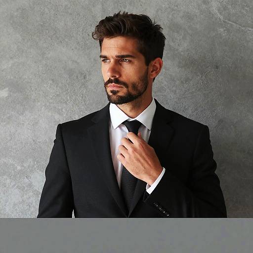 Confident Man in Black Suit Adjusting Tie