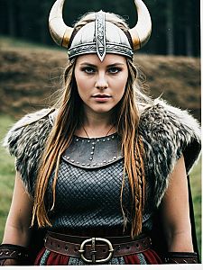 Woman in Viking Costume with Horned Helmet and Fur Shoulder Armor