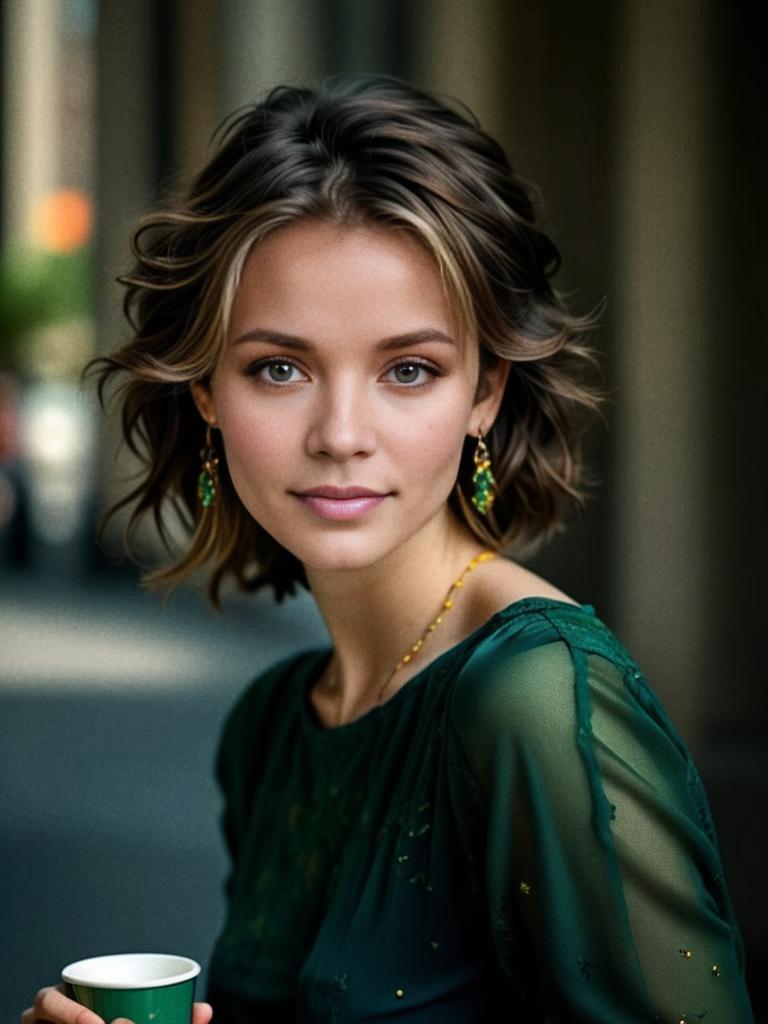 Elegant Woman in Green Dress with Wavy Hair