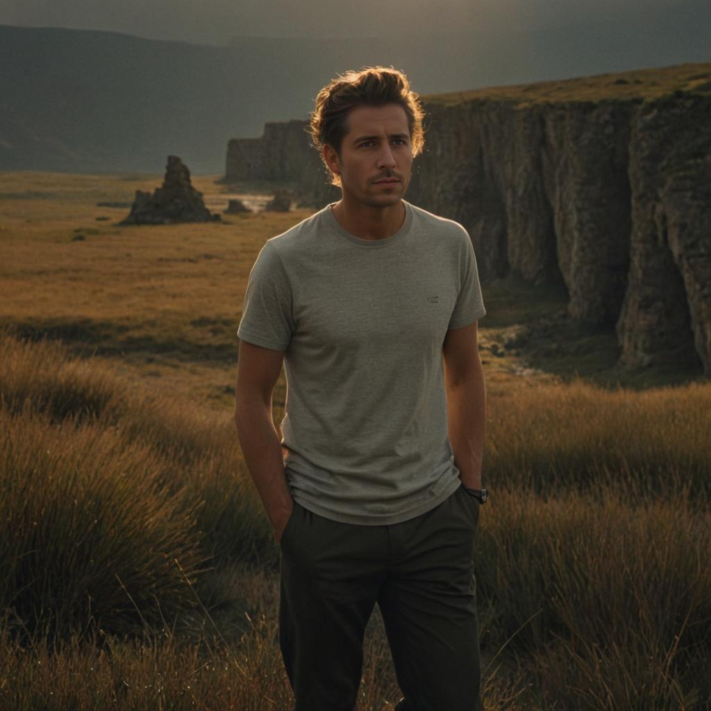 Contemplative Man in Serene Field with Dramatic Rocks