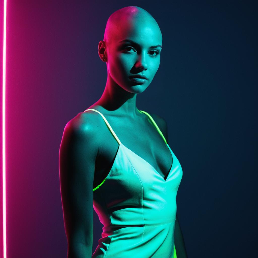 Bald Woman in Neon Lighting Wearing White Dress Portrait