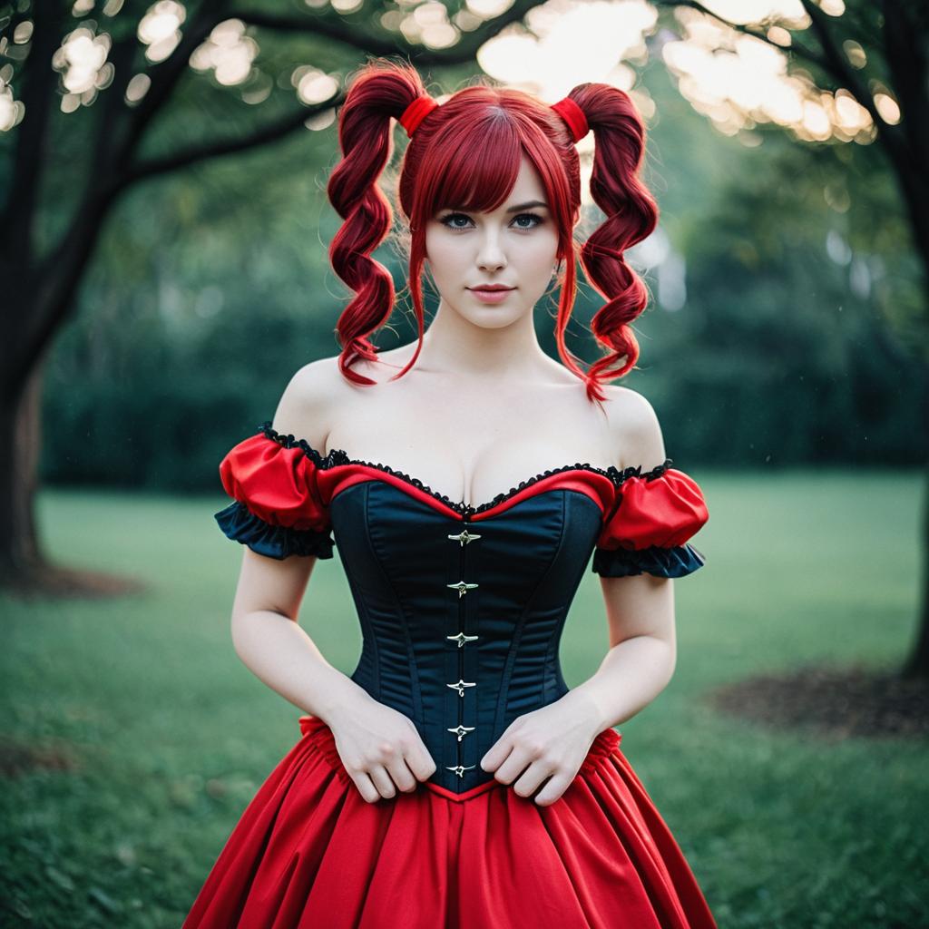 Gothic Victorian Red Hair Woman in Corset Dress Outdoor Portrait