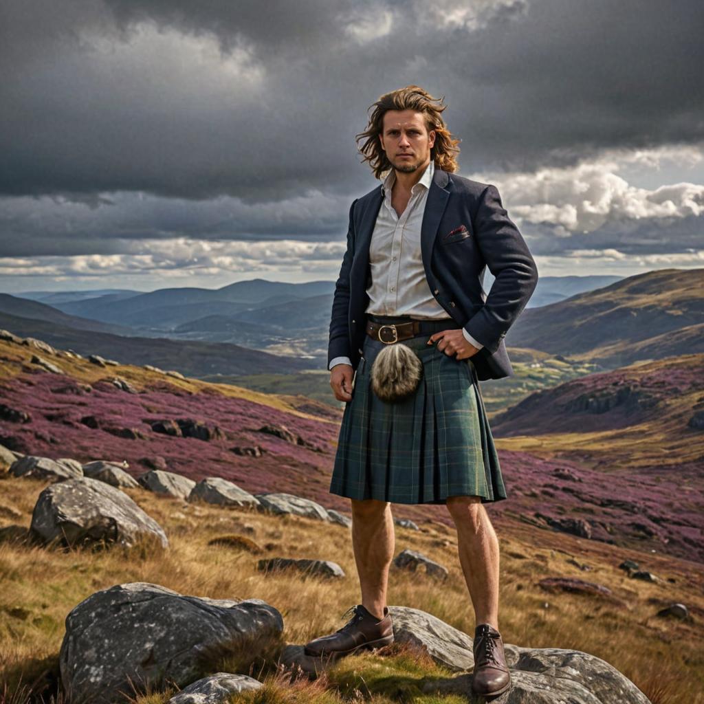 Man in Traditional Scottish Attire in Highland Landscape