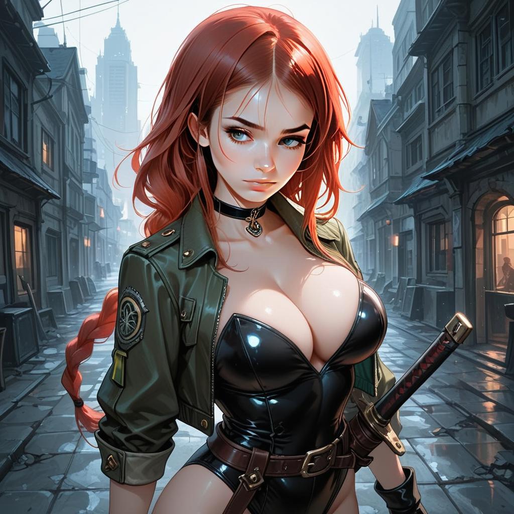 Red-Haired Woman in Leather Bodysuit with Katana in Cyberpunk City Illustration