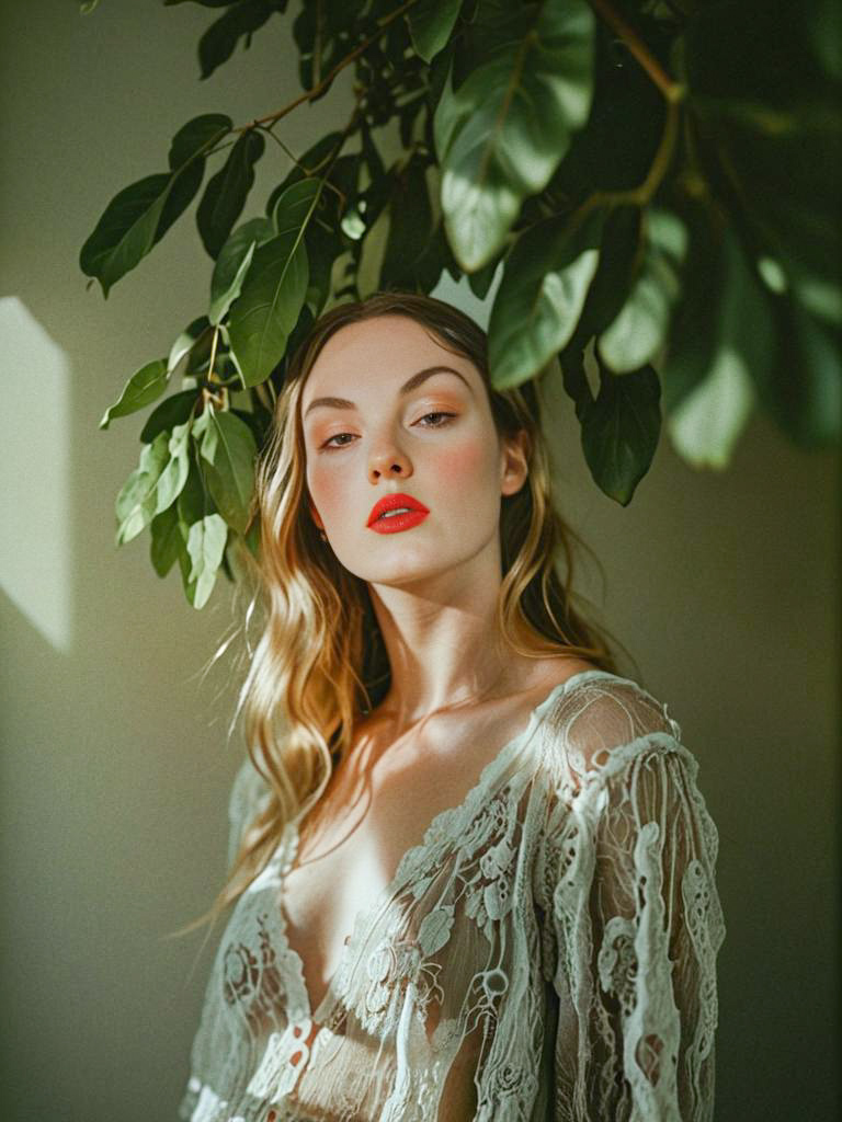 Elegant Woman in Lush Green Leaves