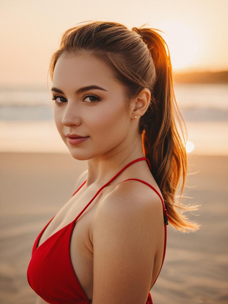 Young Woman in Red Swimsuit at Beach Sunset Portrait