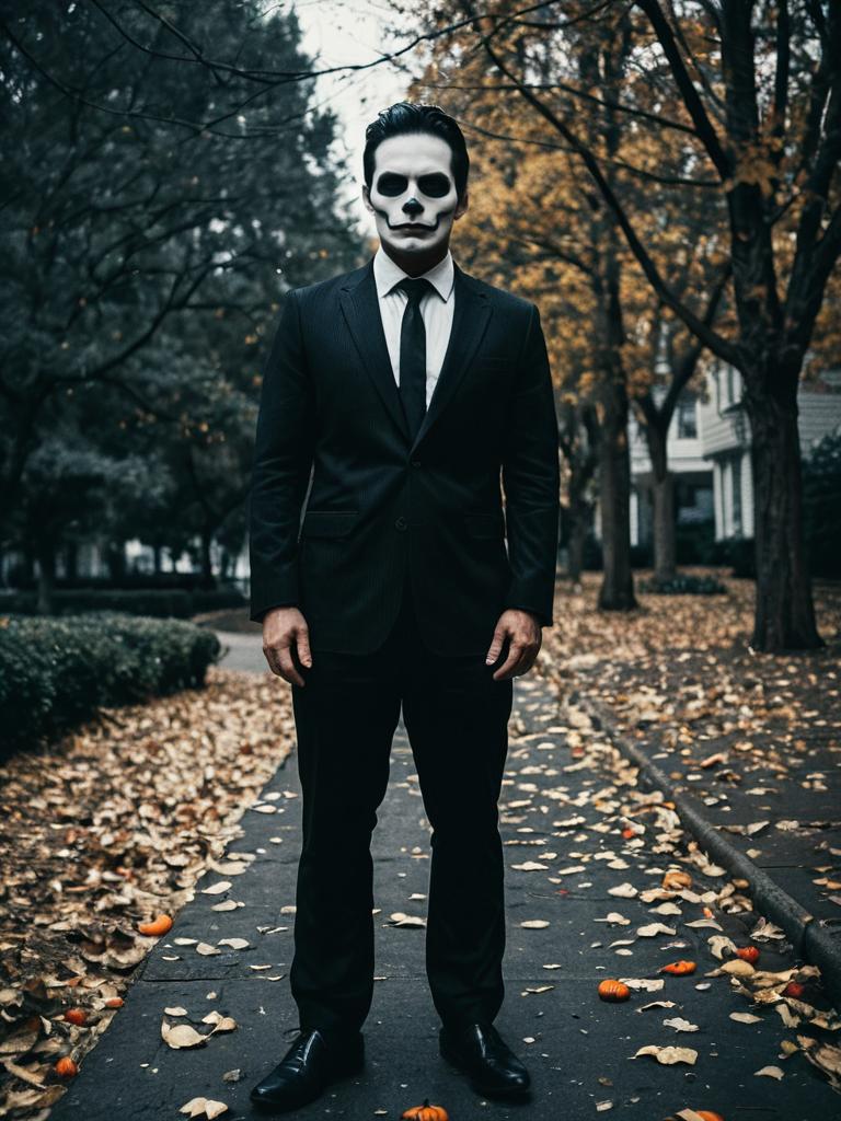 Man in Suit with Skull Face Paint in Autumn Man in Suit with Skull Face Paint in Autumn