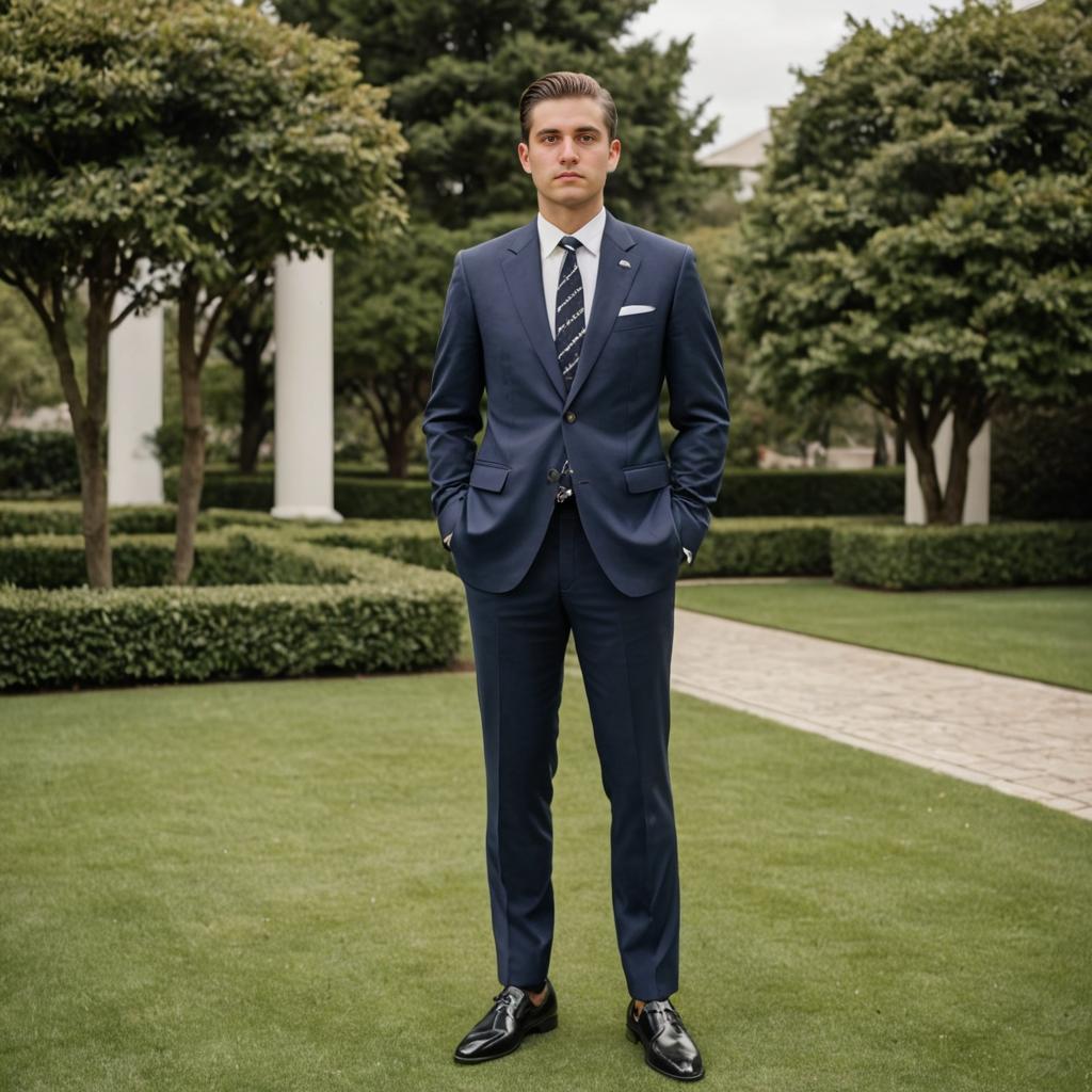 Confident Man in Navy Suit in Garden