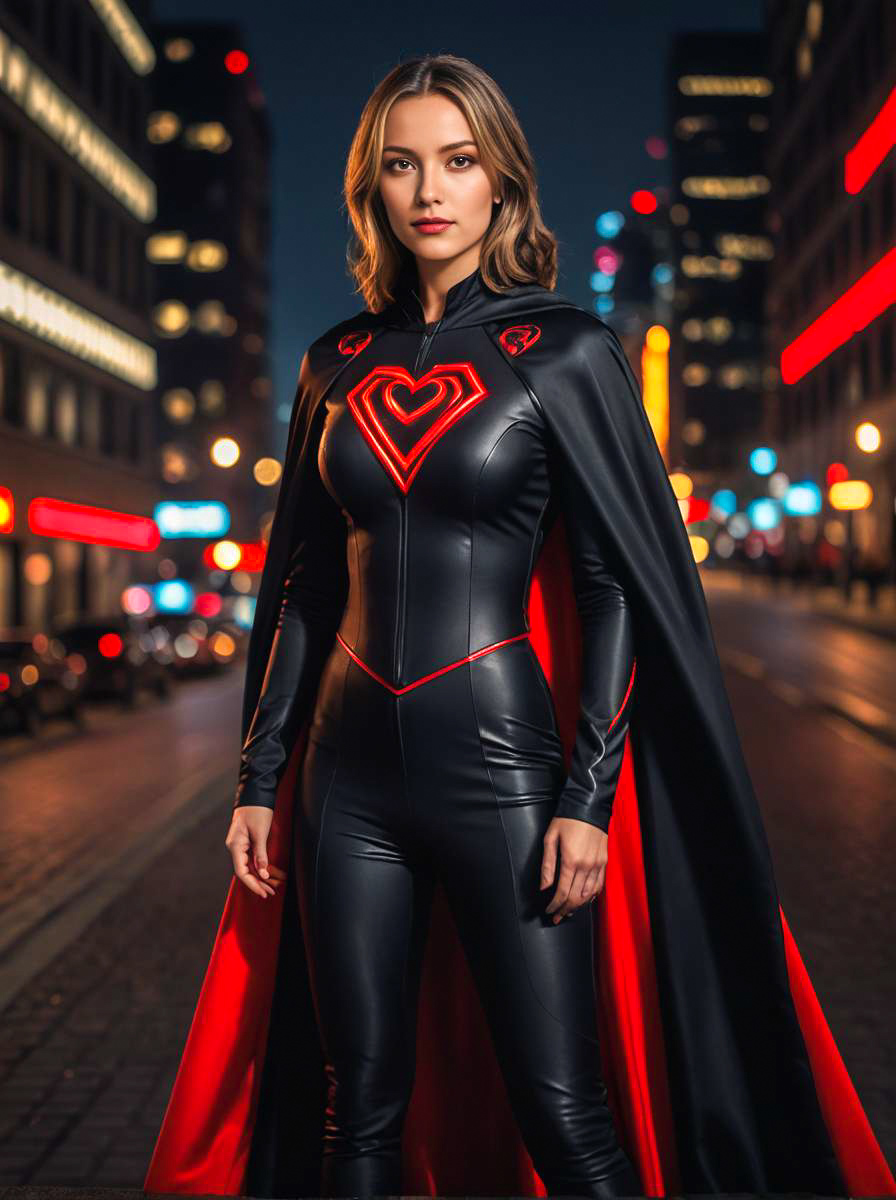 Powerful Woman in Black Costume with Red Accents in Cityscape