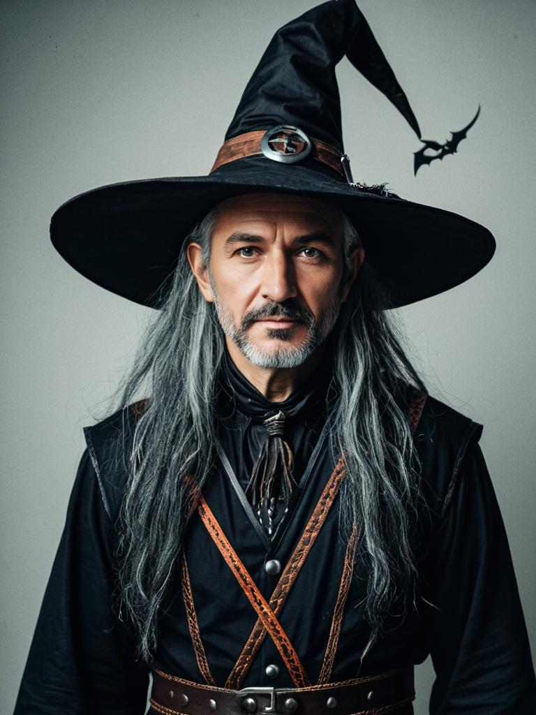 Man in Modern Witch Costume Detailed Photorealistic Studio Cosplay