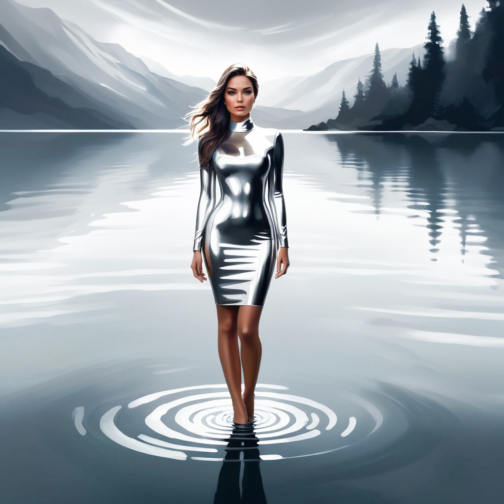 Woman in Silver Outfit in Serene Waters