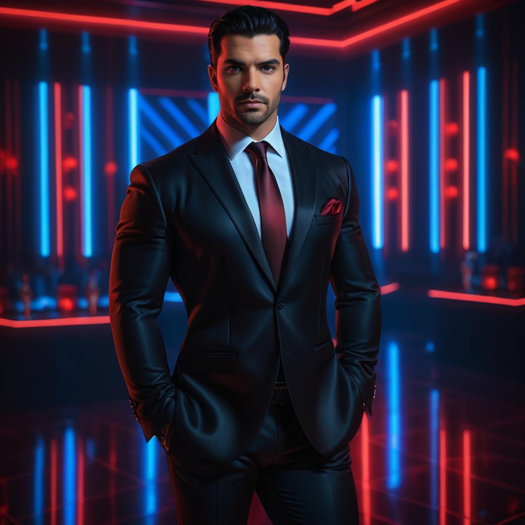 Confident Man in Black Suit with Neon Lights