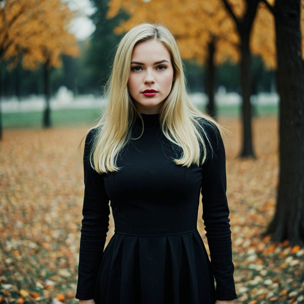 Blonde Woman in Black Dress in Autumn Park