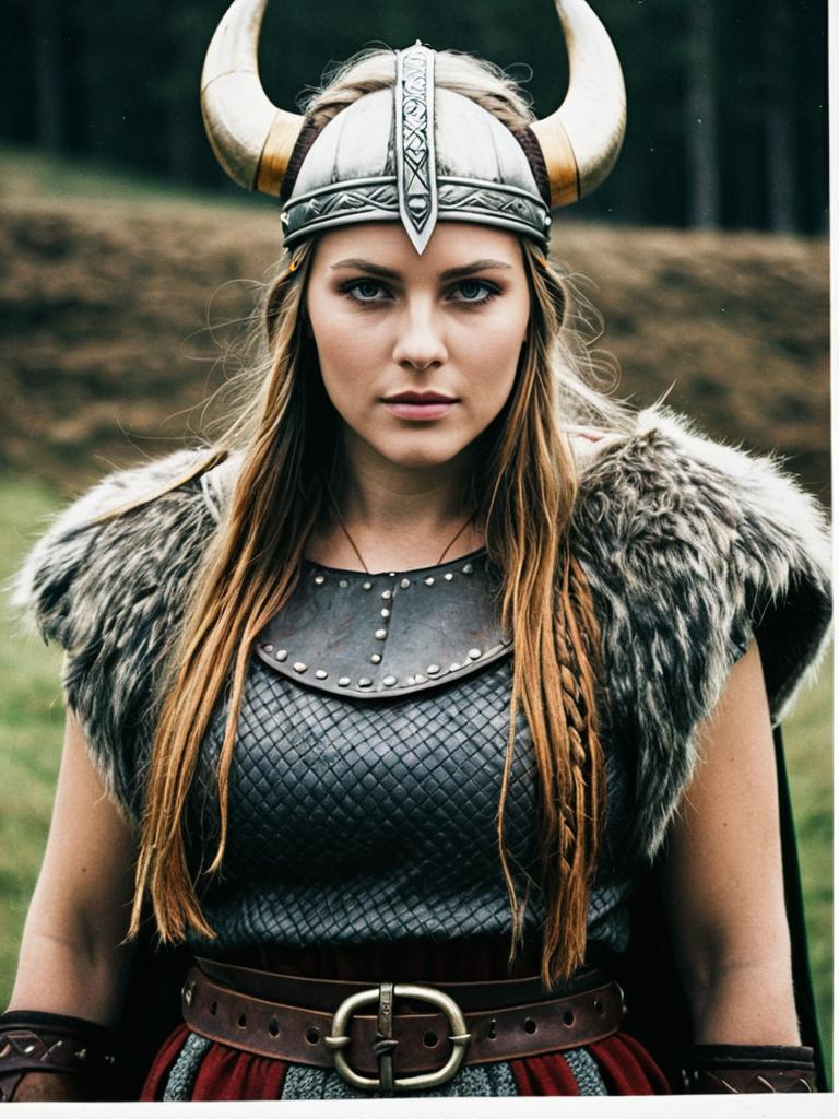 Woman in Viking Costume with Horned Helmet and Fur Shoulder Armor