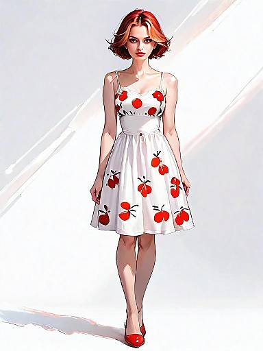 Realistic Comic Style Woman in White Cherry Pattern Dress Full Body Shot