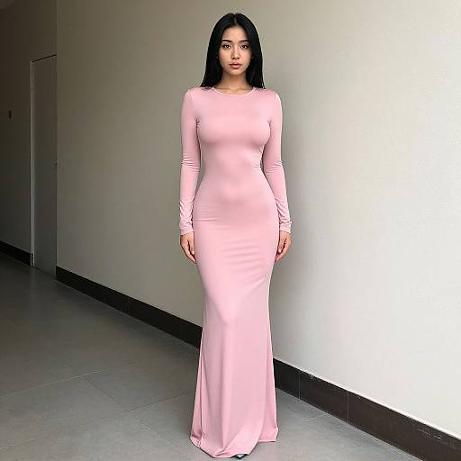 Elegant Woman Wearing Long Sleeve Pastel Pink Gown Full Length