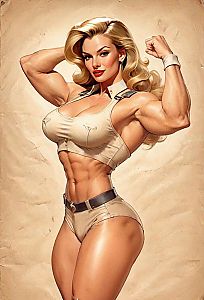 Strong Muscular Woman Vintage Pin-Up Style Digital Illustration