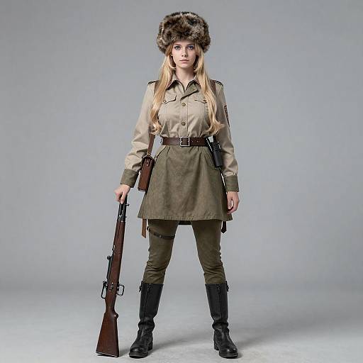 Woman in Historical Military Uniform Holding Mosin-Nagant Rifle