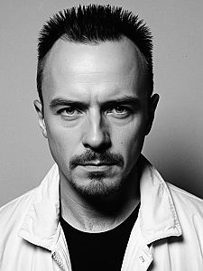 Intense Black and White Portrait of Man with Spiked Hair