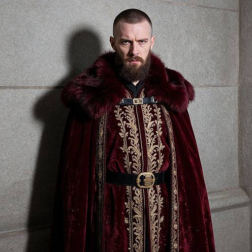 Bearded Man in Ornate Burgundy Velvet Robe with Fur Collar